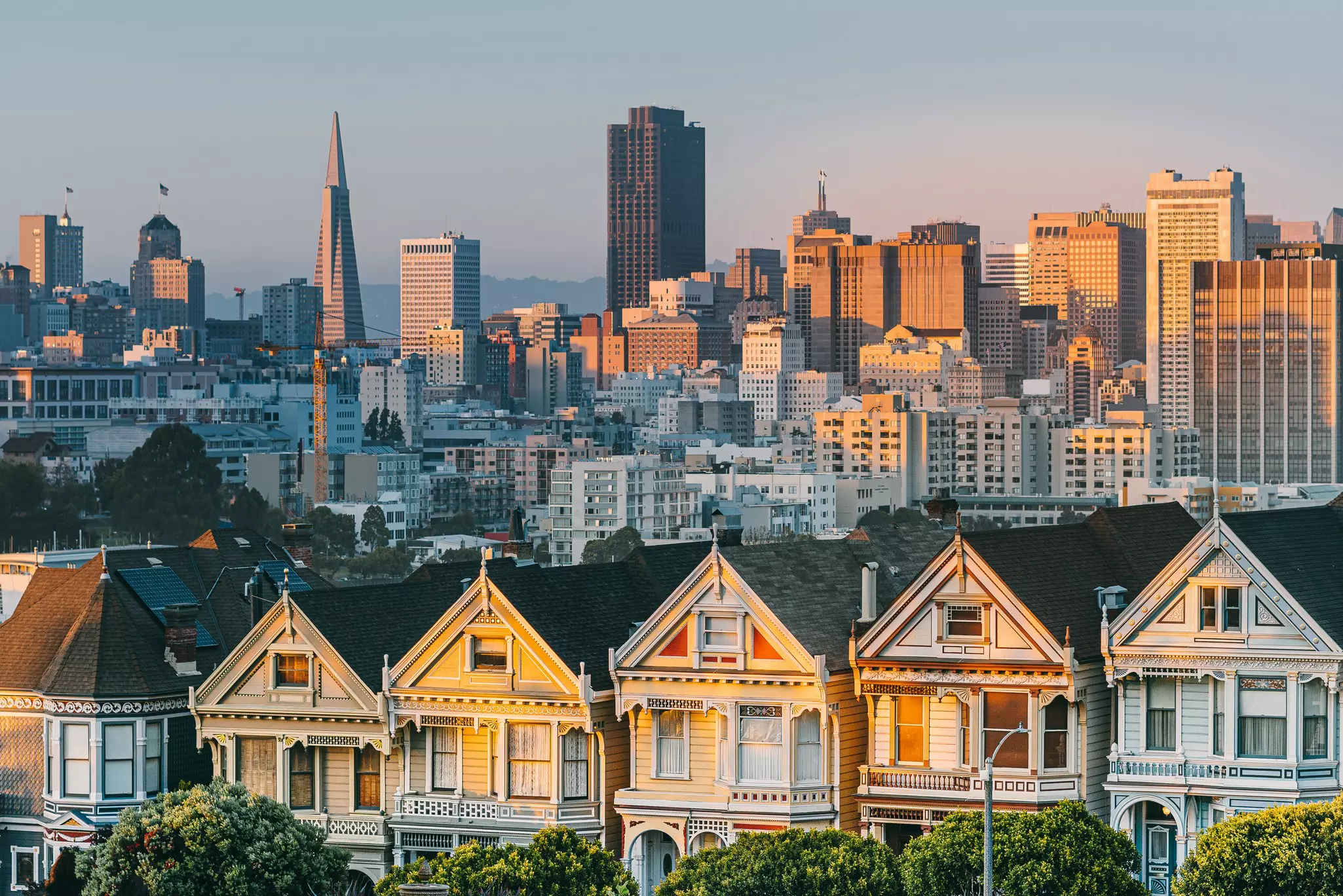 The setting sun shines on painted Edwardian and Victorian homes in a row with the San Francisco city skyline in the distance.