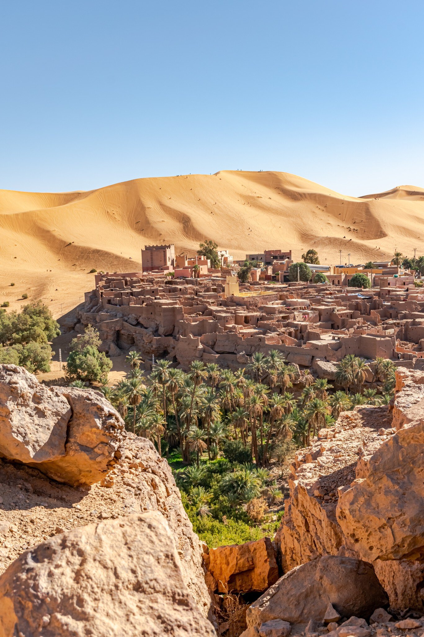 Taghit town ksar of Bechar, Algeria Sahara desert. Palm trees oasis, old dry rocks buildings and sand dune with far tiny tourists and a blue clear sky. From Djebel Baroun rocks in foreground.