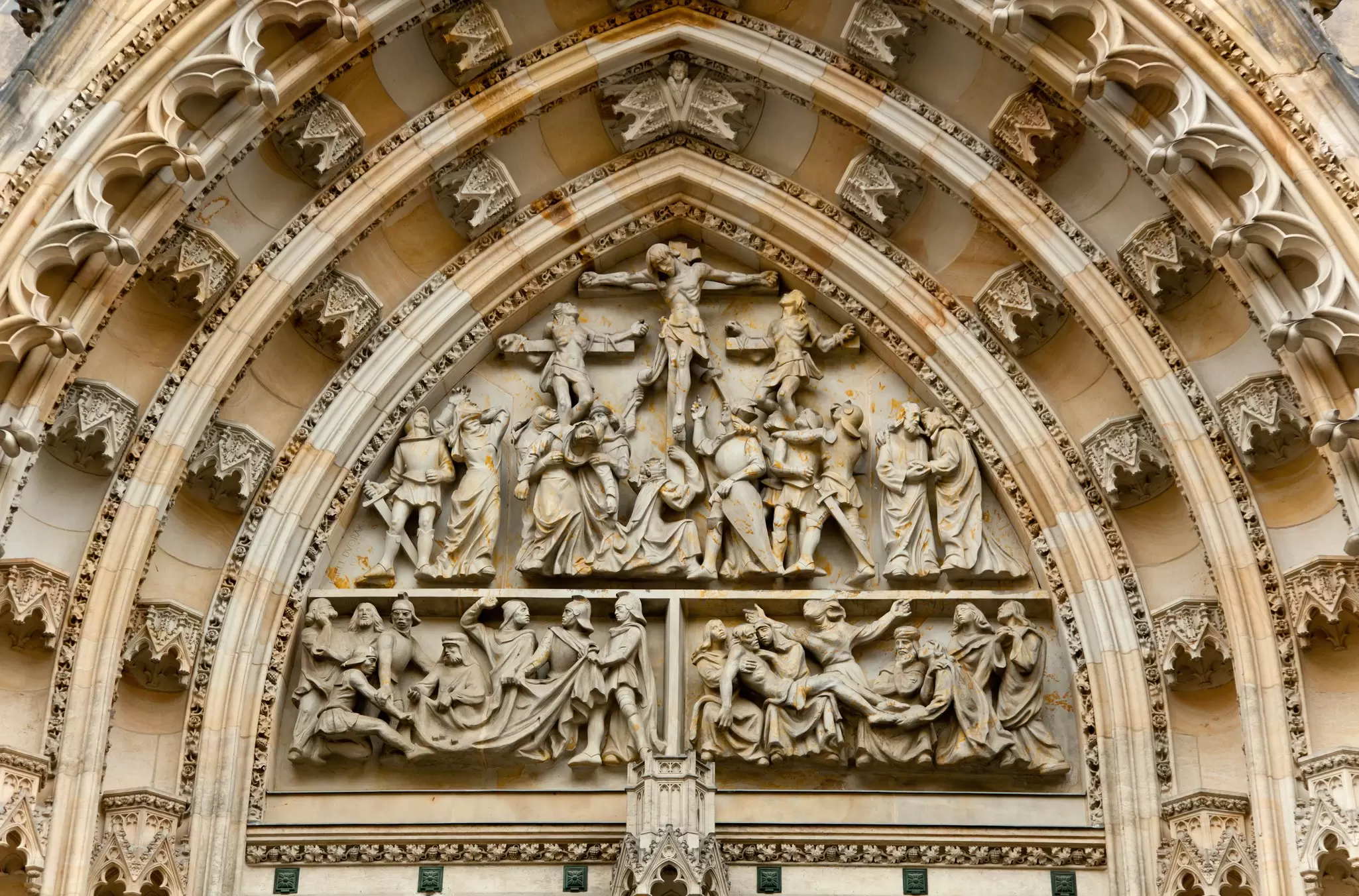 Detail of the Gothic architecture of St. Vitus Cathedral in Prague, Czechia.