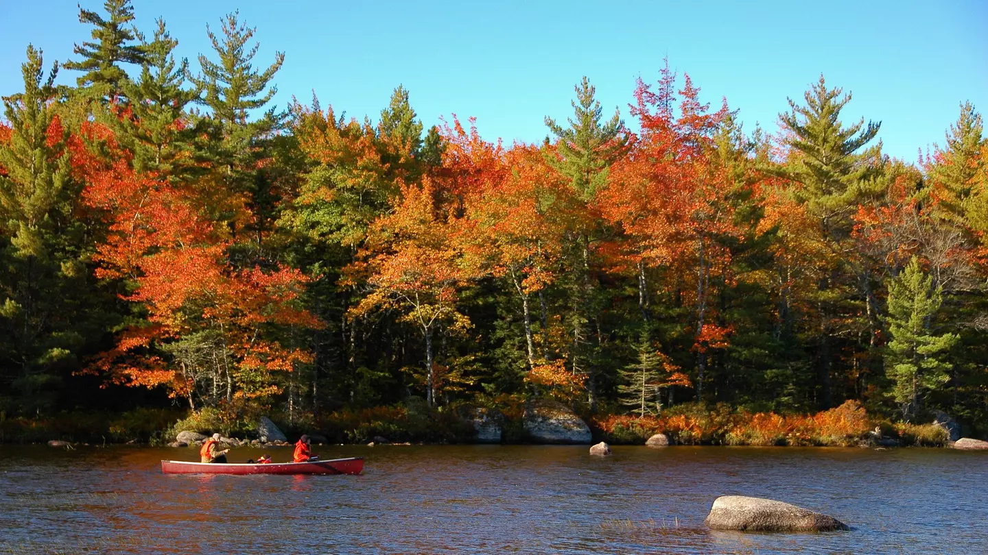 Two people paddle in a canoe through fall foliage at Kejimkujik National Park, Nova Scotia, Canada