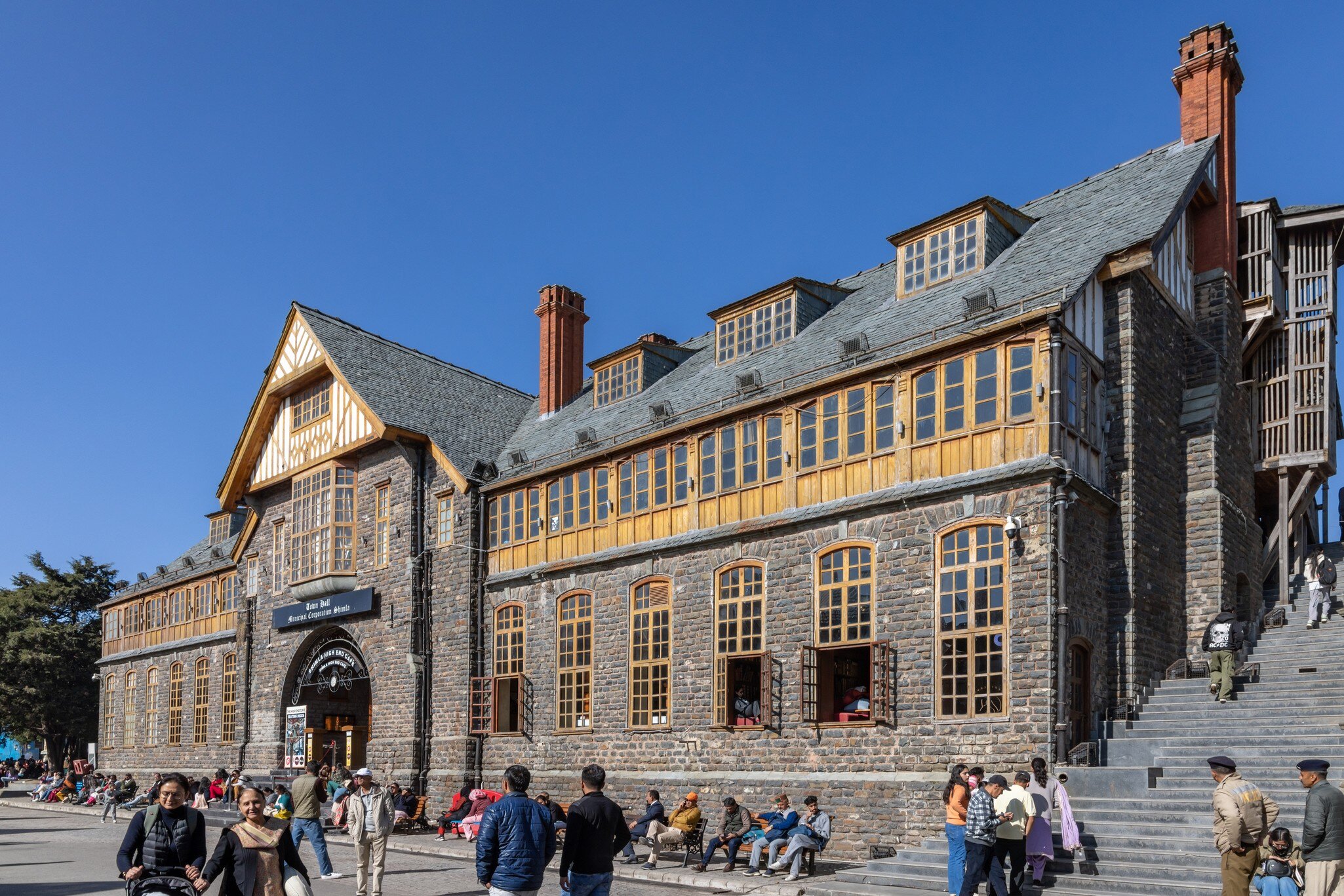 Facade of the historic Town Hall on The Mall, Shimla, Himachal Pradesh, India.