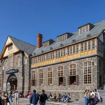 Facade of the historic Town Hall on The Mall, Shimla, Himachal Pradesh, India.