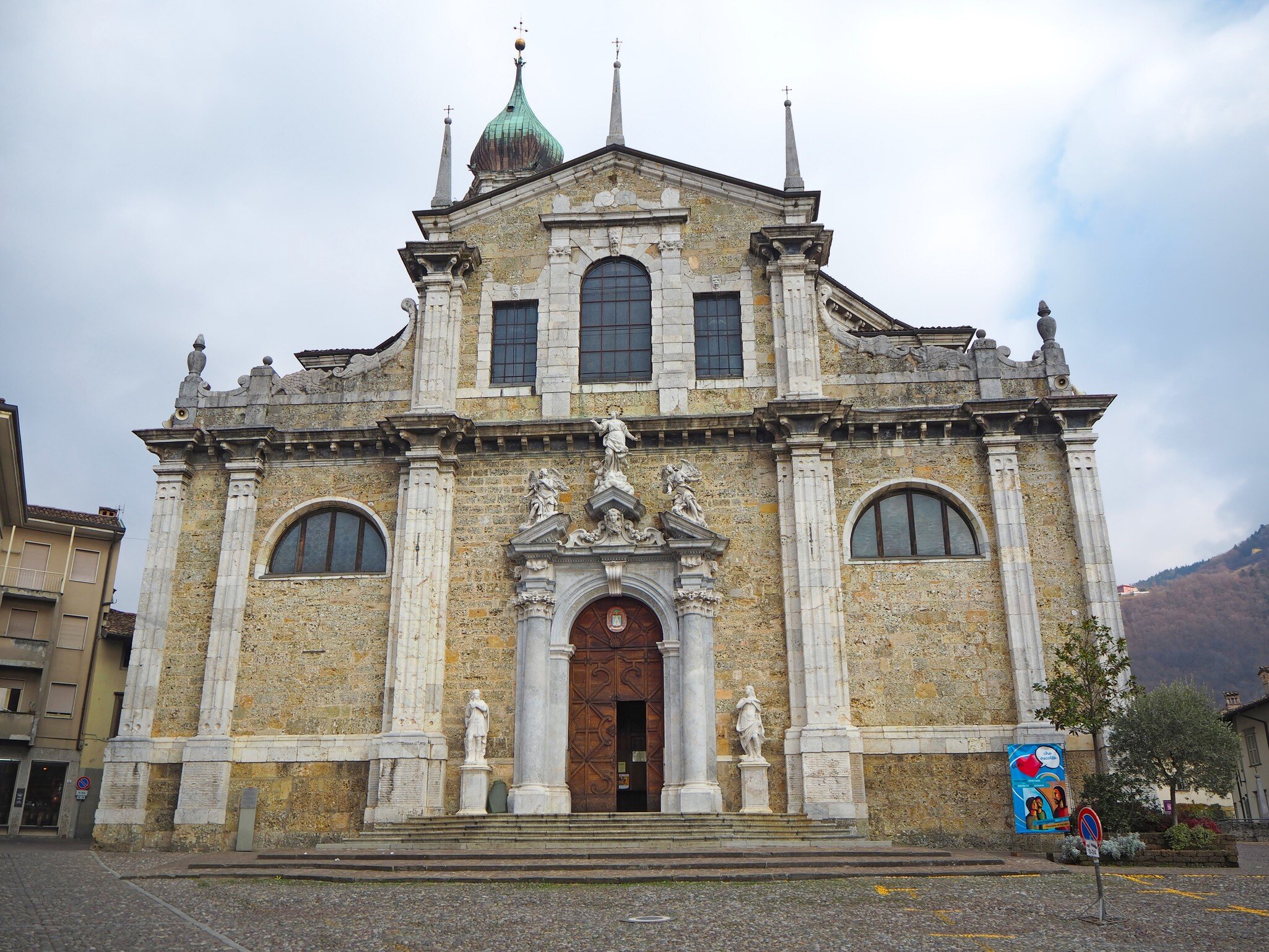 Gandino, Bergamo, Italy. The facade of the basilica of Saint Maria Assunta