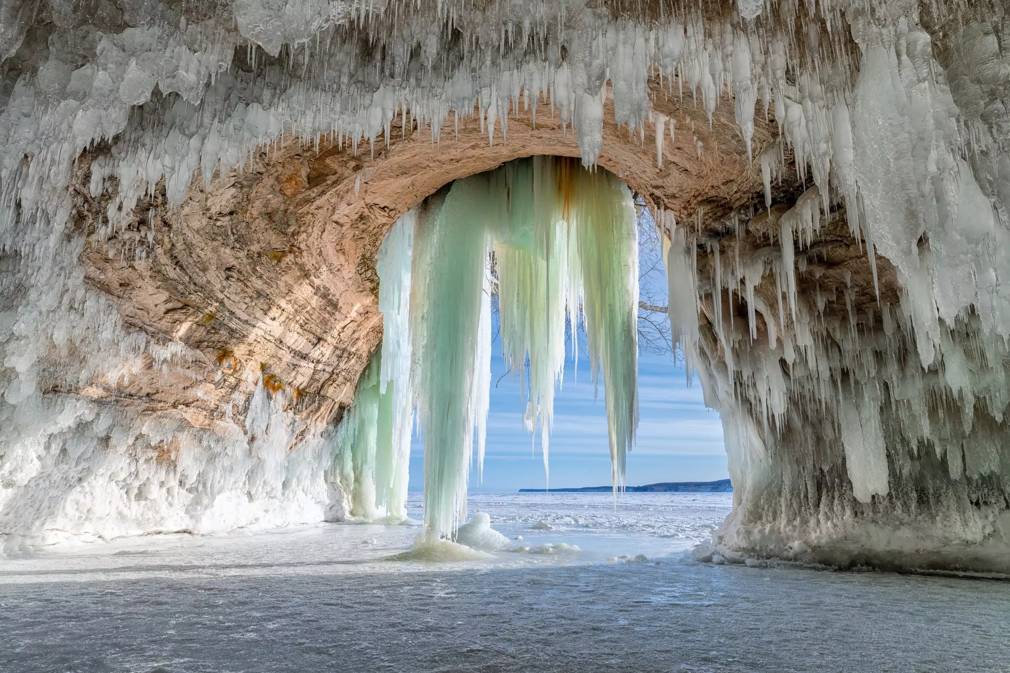 Grand Island Ice Caves in the winter on Lake Superior, Munising, Michigan