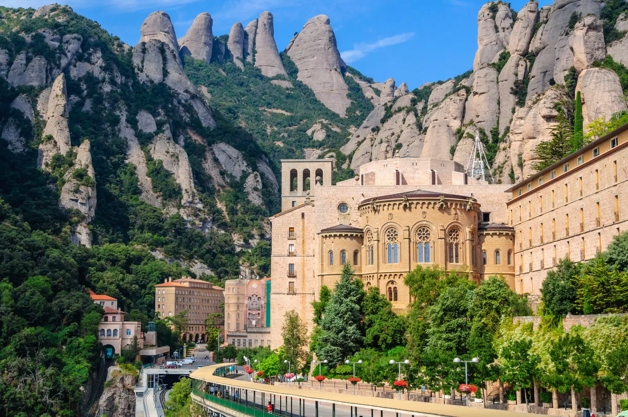 View of the Monestir de Montserrat against a background of round rocks near Barcelona, Spain.