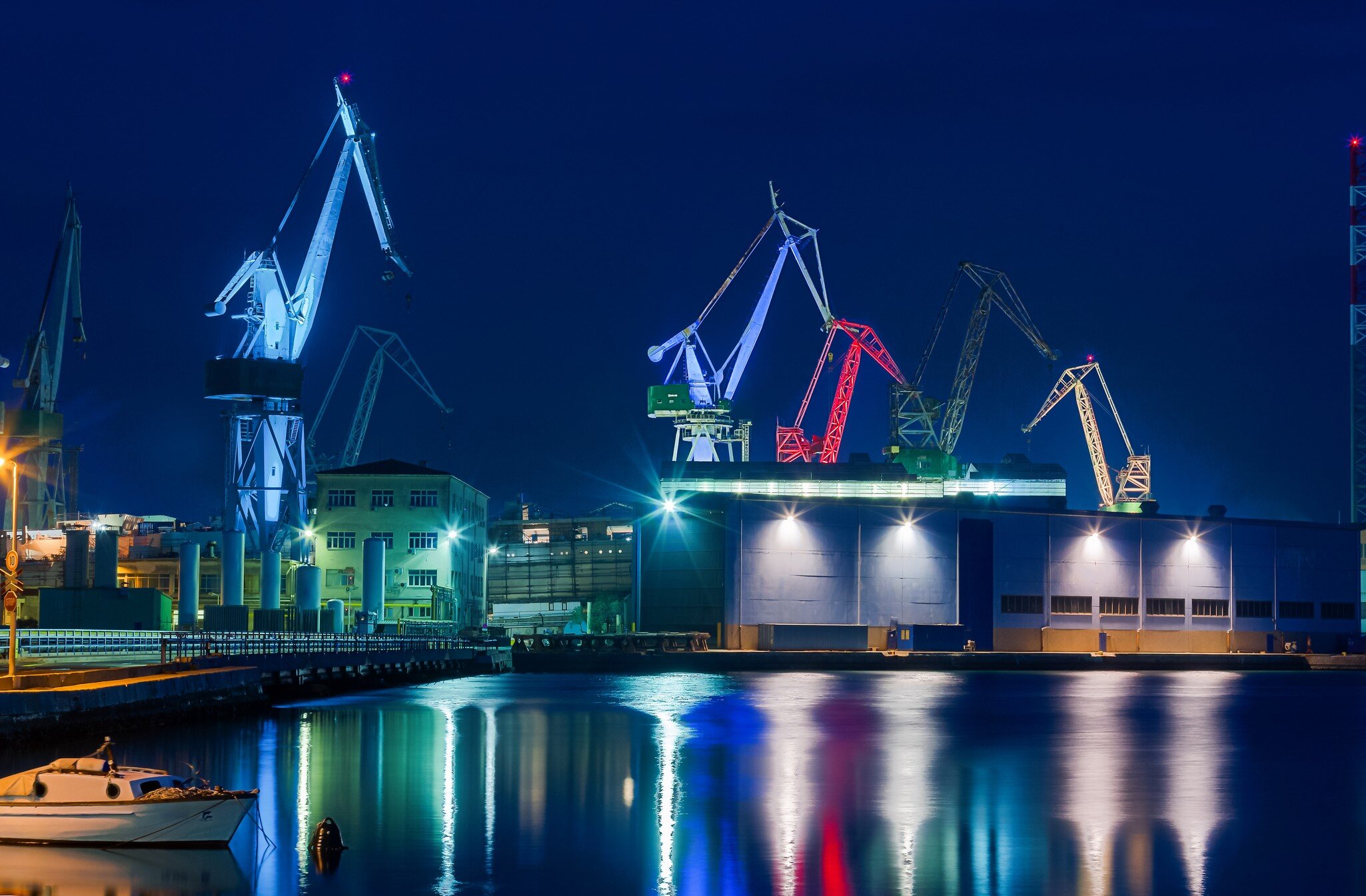 Giant cranes at shipyard at night covered in light in 'Pula', License Type: media, Download Time: 2026-02-23T00:05:59.000Z, User: LP_YKhanna, Editorial: false, purchase_order: 65050 - Digital Destinations and Articles, job: LP, client: App Content, other: Yuvraj Khanna