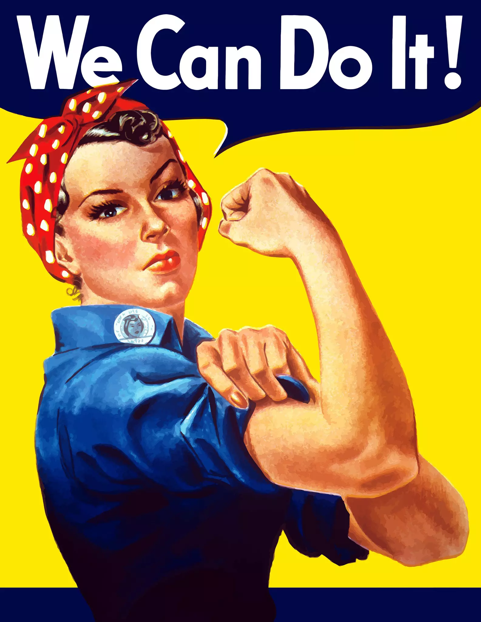 Digitally restored war propaganda poster with Rosie the Riveter flexing her bicep and declaring: 'We Can Do It!'