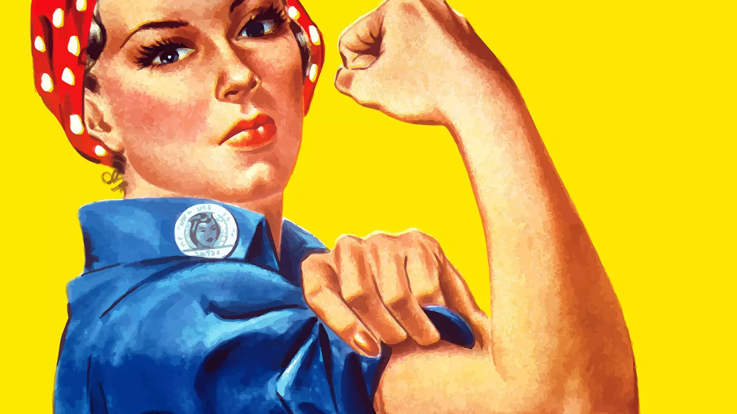 Digitally restored war propaganda poster with Rosie the Riveter flexing her bicep and declaring: 'We Can Do It!'