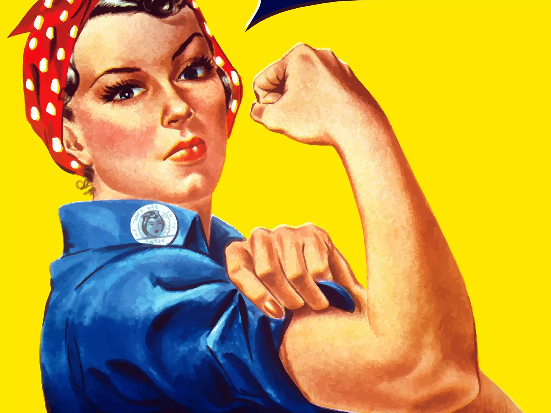 Digitally restored war propaganda poster with Rosie the Riveter flexing her bicep and declaring: 'We Can Do It!'