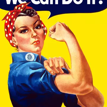 Digitally restored war propaganda poster with Rosie the Riveter flexing her bicep and declaring: 'We Can Do It!'