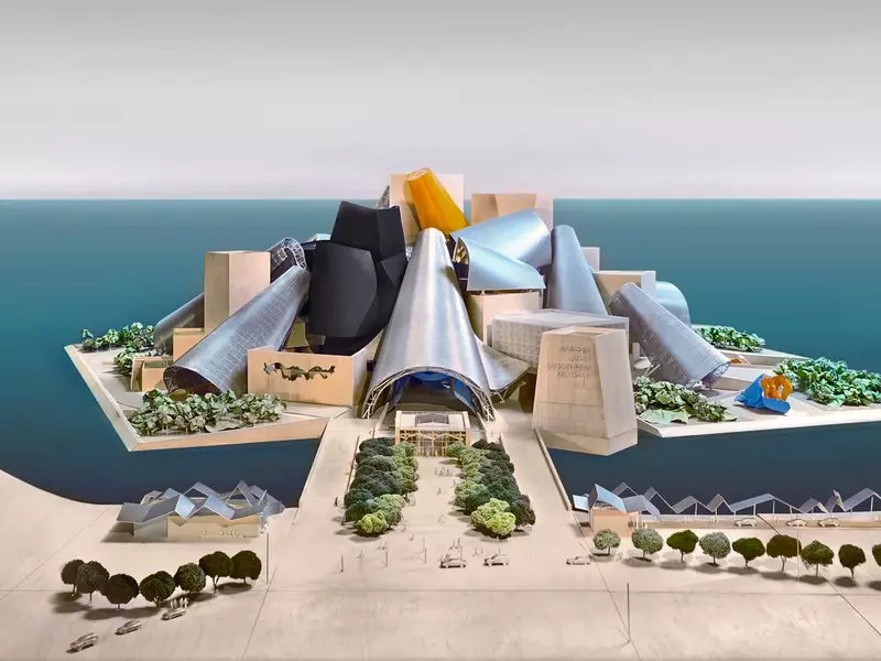 A digital rendering of the Guggenheim Abu Dhabi, set to open in 2025 in the Saadiyat Cultural District, Abu Dhabi, United Arab Emirates
