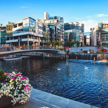 The Oslo Norway Harbor is one of Oslo's great attractions. Situated on the Oslo Fjord in Oslo, Norway.Views of sea and city; Shutterstock ID 1879262575;