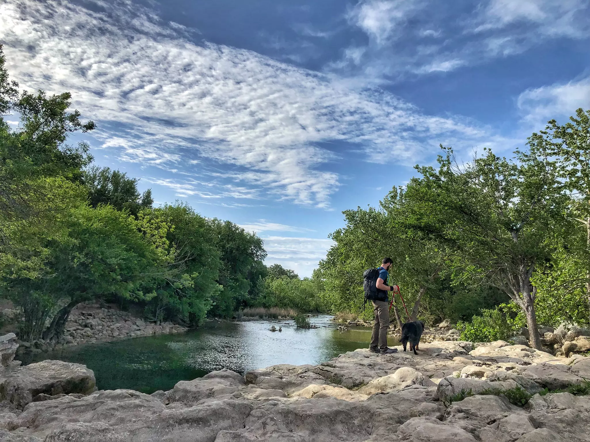 A hiker with a doc walks on rocks by a creek in a park on a spring day.