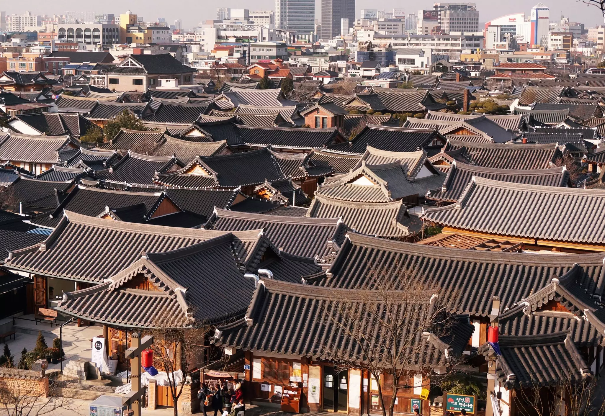Rows of homes in traditional Korean architecture in Jeonju