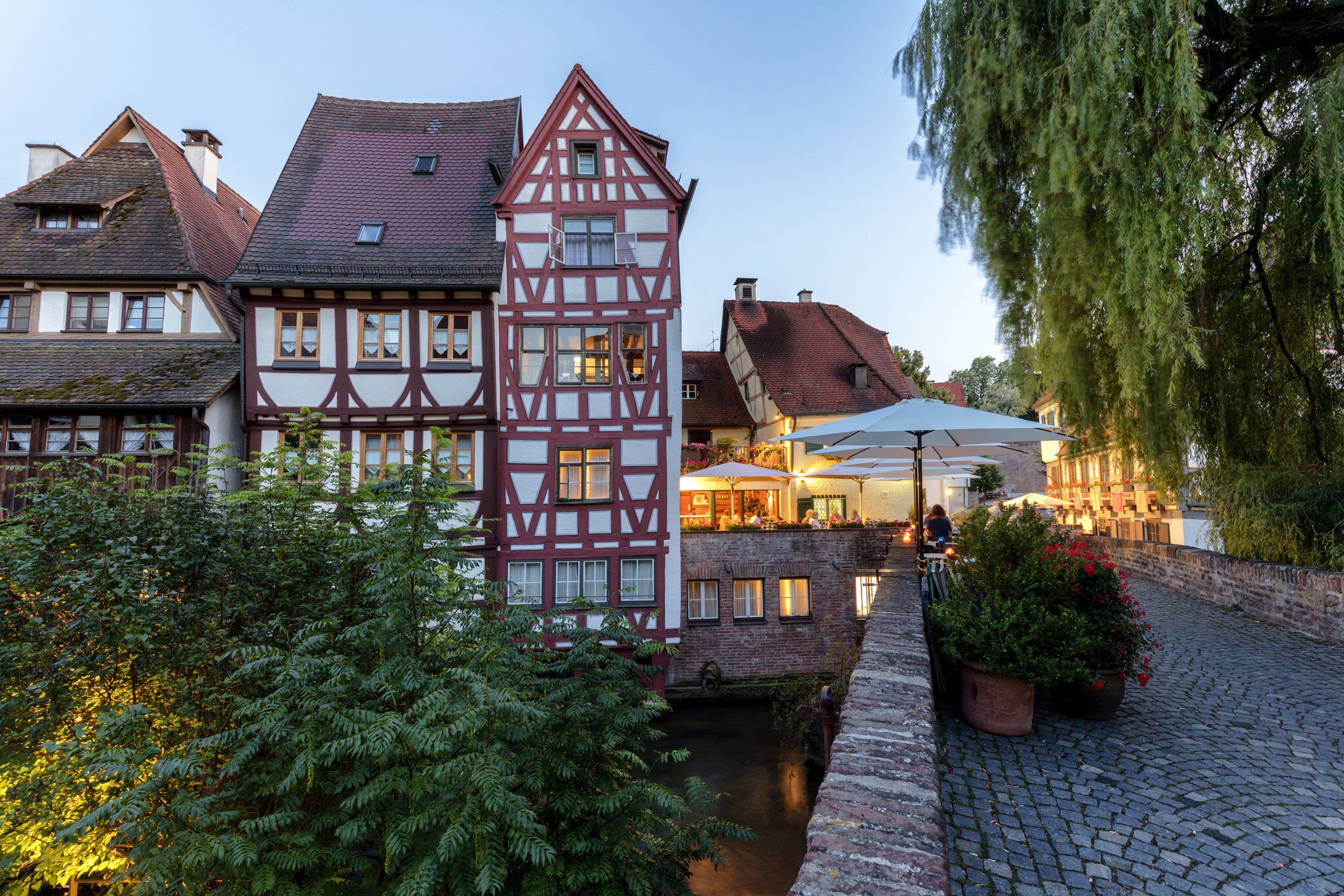 Old houses in the famous Ulm fishing district, Fischerviertel, Baden-Wurttemberg, Germany, HDR imaging