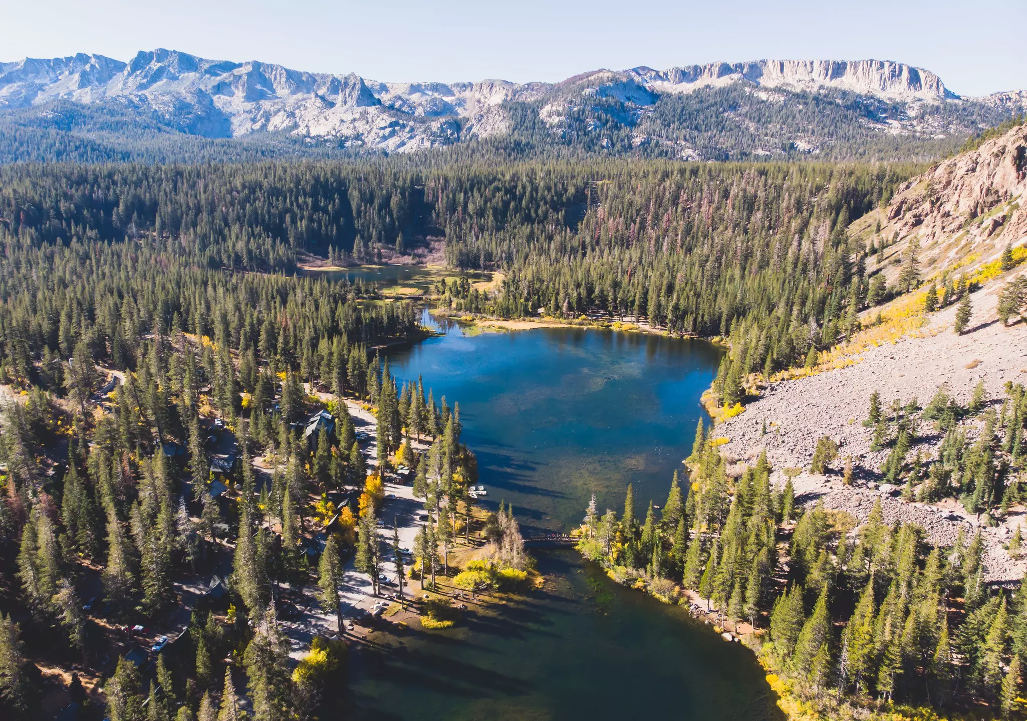 View of Twin Lakes, Lake George, the southeastern slope of Mammoth Mountain, Mono County, eastern California, eastern Sierra Nevada, Inyo National Forest, shot from drone, summer view