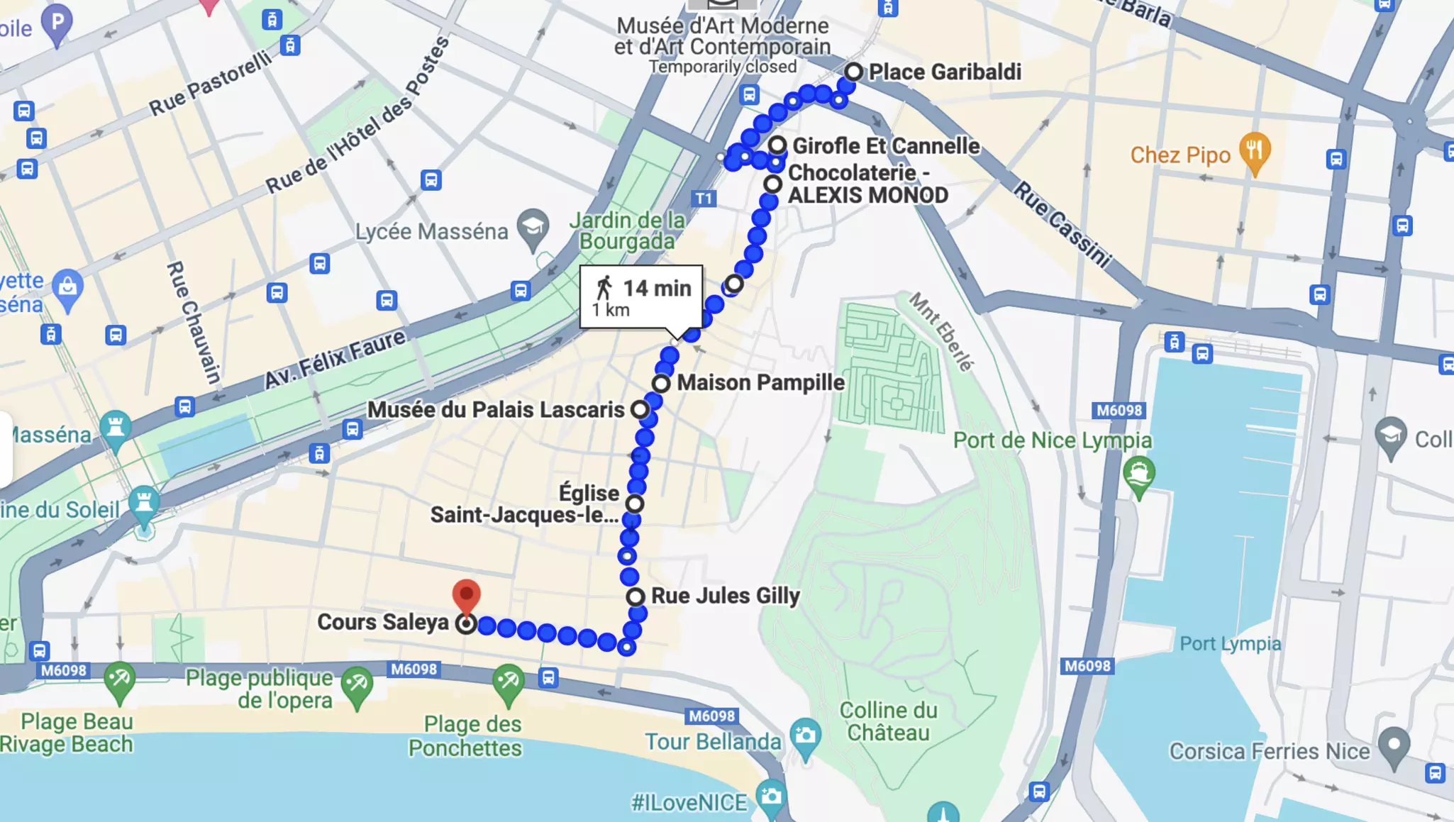 Chloé's walking route mapped out © Google Maps