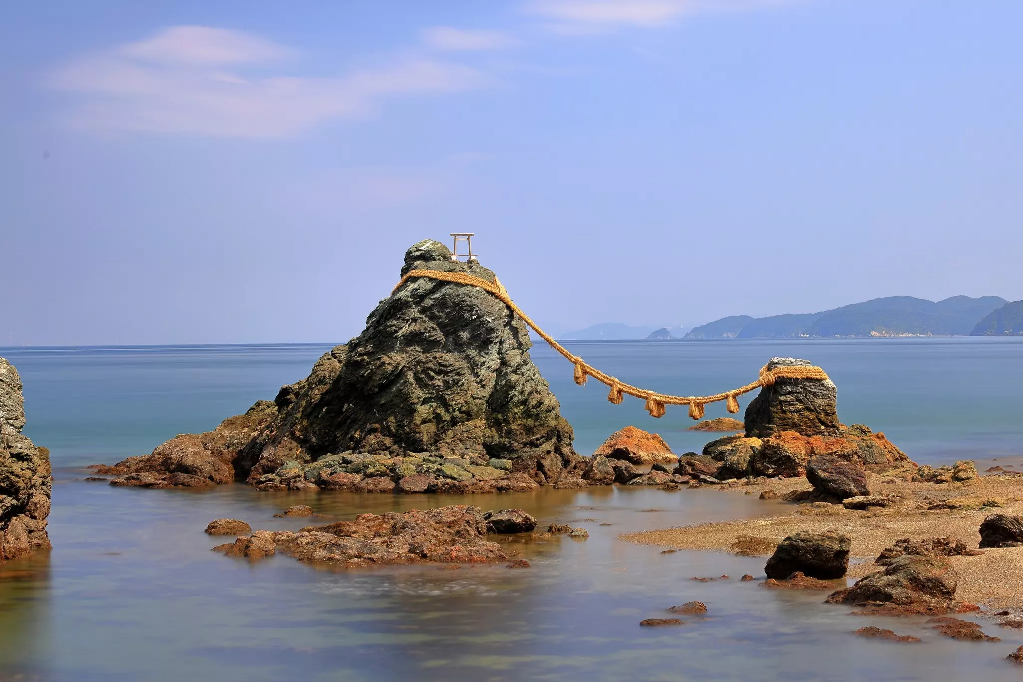 Sacred Meoto Iwa (Wedded Rocks) near Futamiokitama Shrine at Futami, Mie Prefecture, Japan