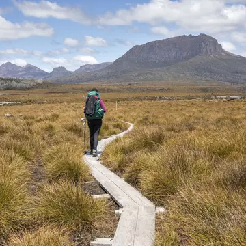 A lone hiker walking through the grassy plains of the Overland track. The iconic Overland Track in Tasmania is Australia's most famous hiking track. The 65-kilometre track runs from Cradle mountain to Lake St Clair. The track goes through a changing terrain ranging from rugged mountains, alpine plains and temperate rain forest and all located in the Tasmanian Wilderness World Heritage Area. Walkers take on average 6 days to complete the track.
641925512
Overland track hiker
