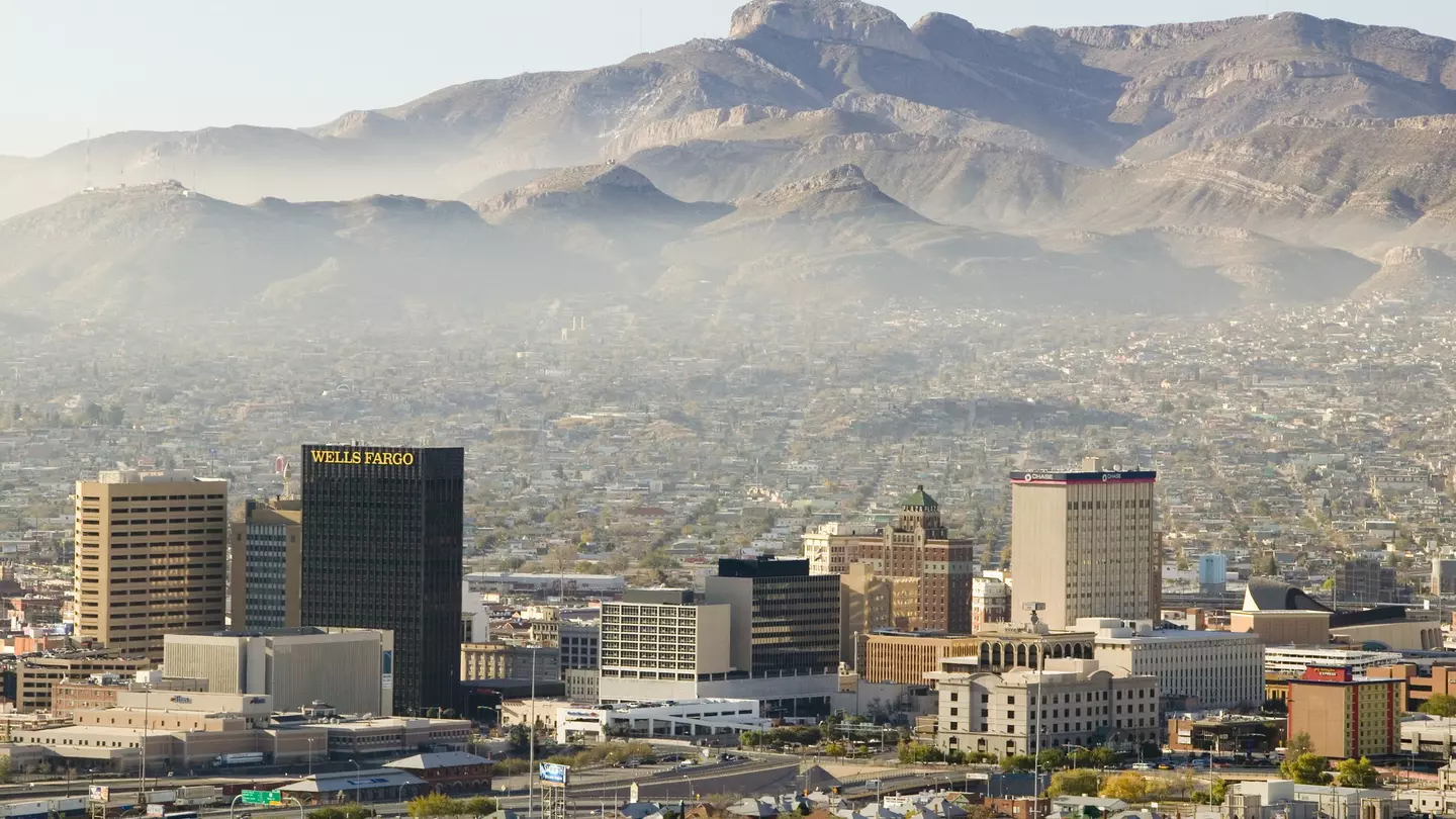 Panoramic view of skyline El Paso Texas looking toward Juarez, Mexico.