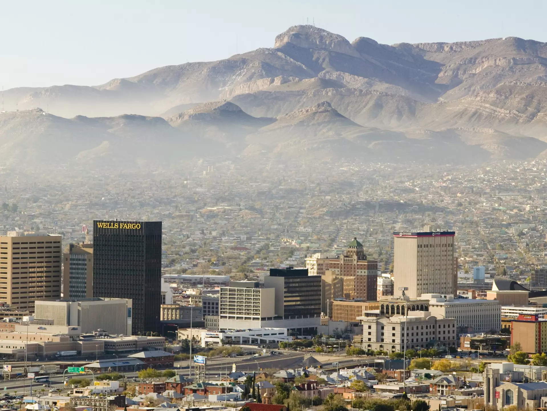 Panoramic view of skyline El Paso Texas looking toward Juarez, Mexico.