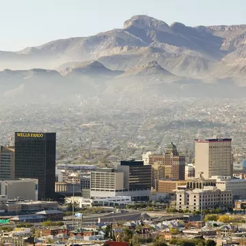 Panoramic view of skyline El Paso Texas looking toward Juarez, Mexico.