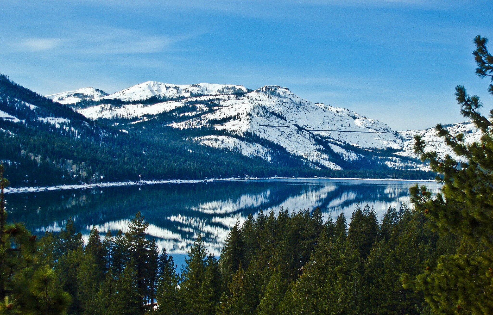 Donner Lake with reflection of Donner Peak near Lake Tahoe, California.