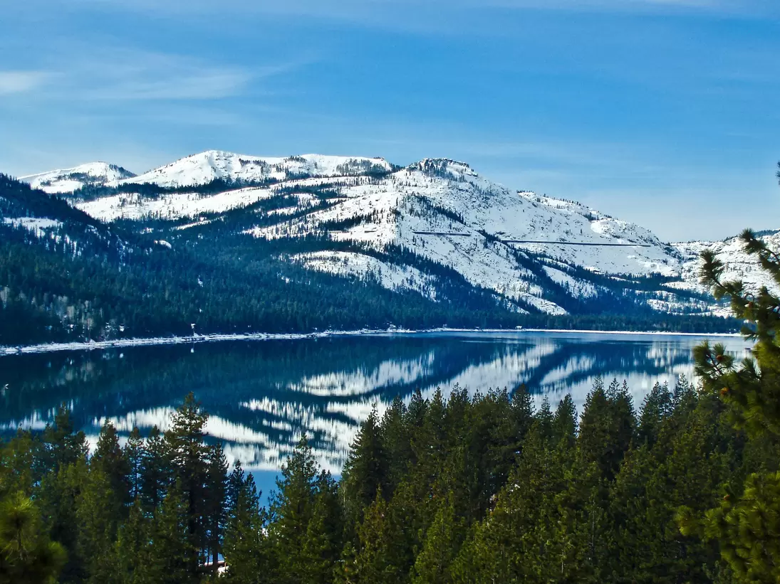 Donner Lake with reflection of Donner Peak near Lake Tahoe, California.