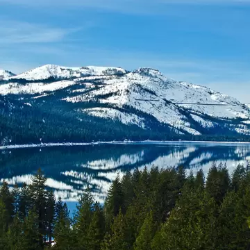 Donner Lake with reflection of Donner Peak near Lake Tahoe, California.