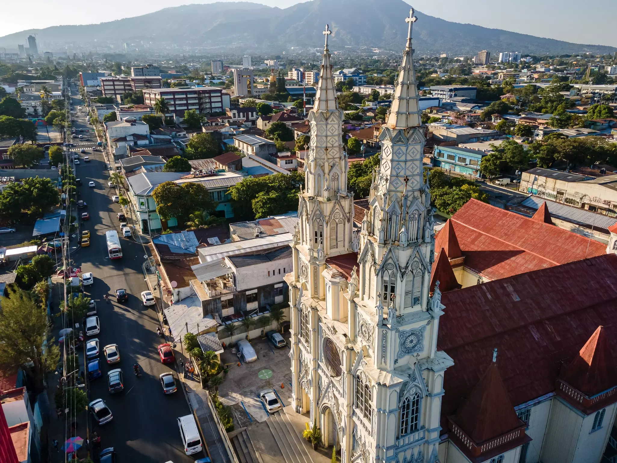 A towering church in the center of San Salvador, El Salvador's capital.