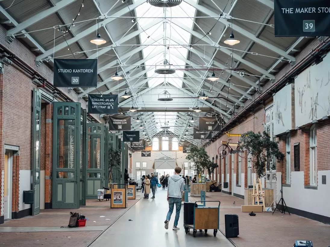 View down a corridor of De Hallen in Amsterdam.