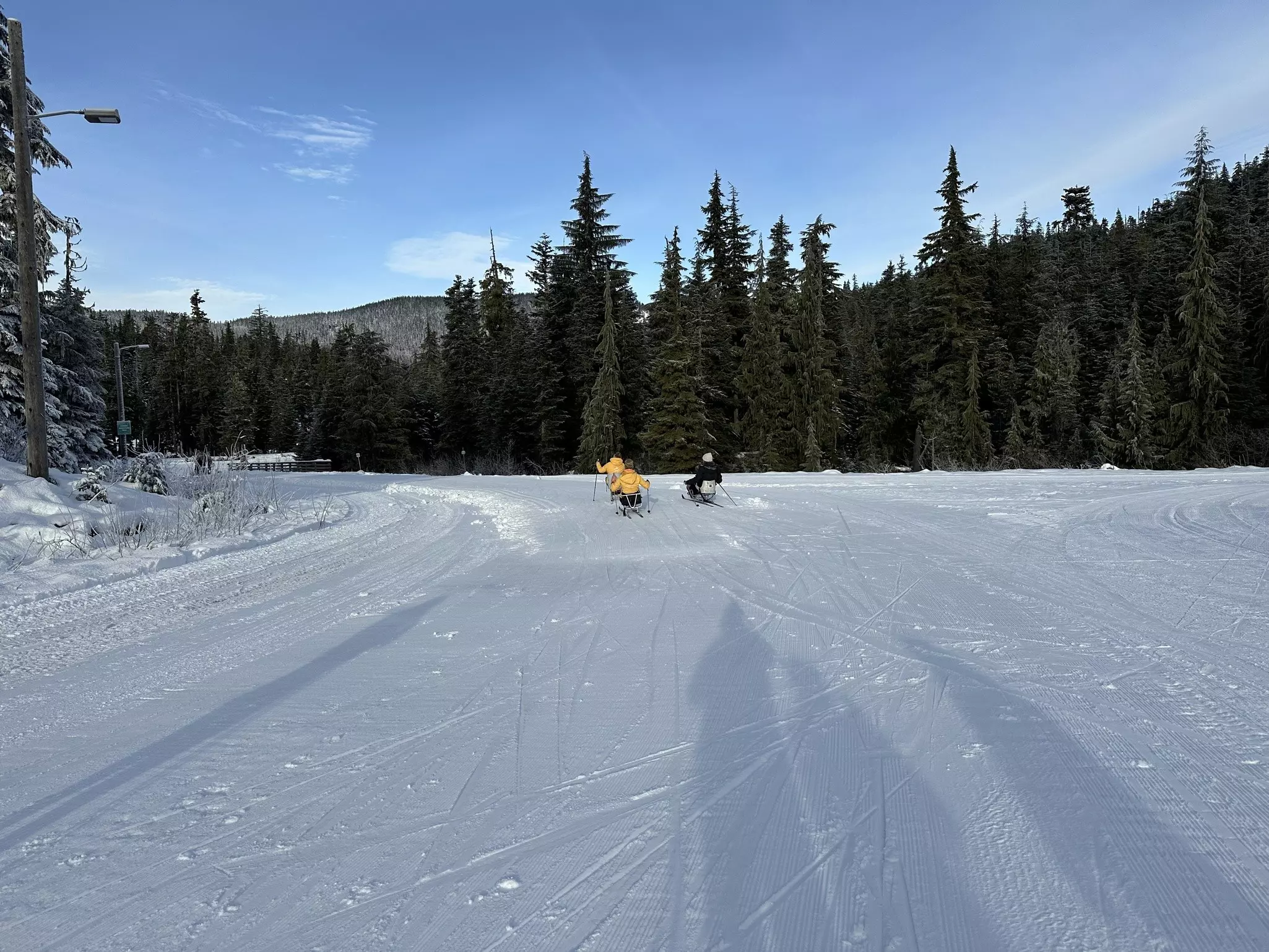 Sit skiers on the trails at Whistler Olympic Park in Canada