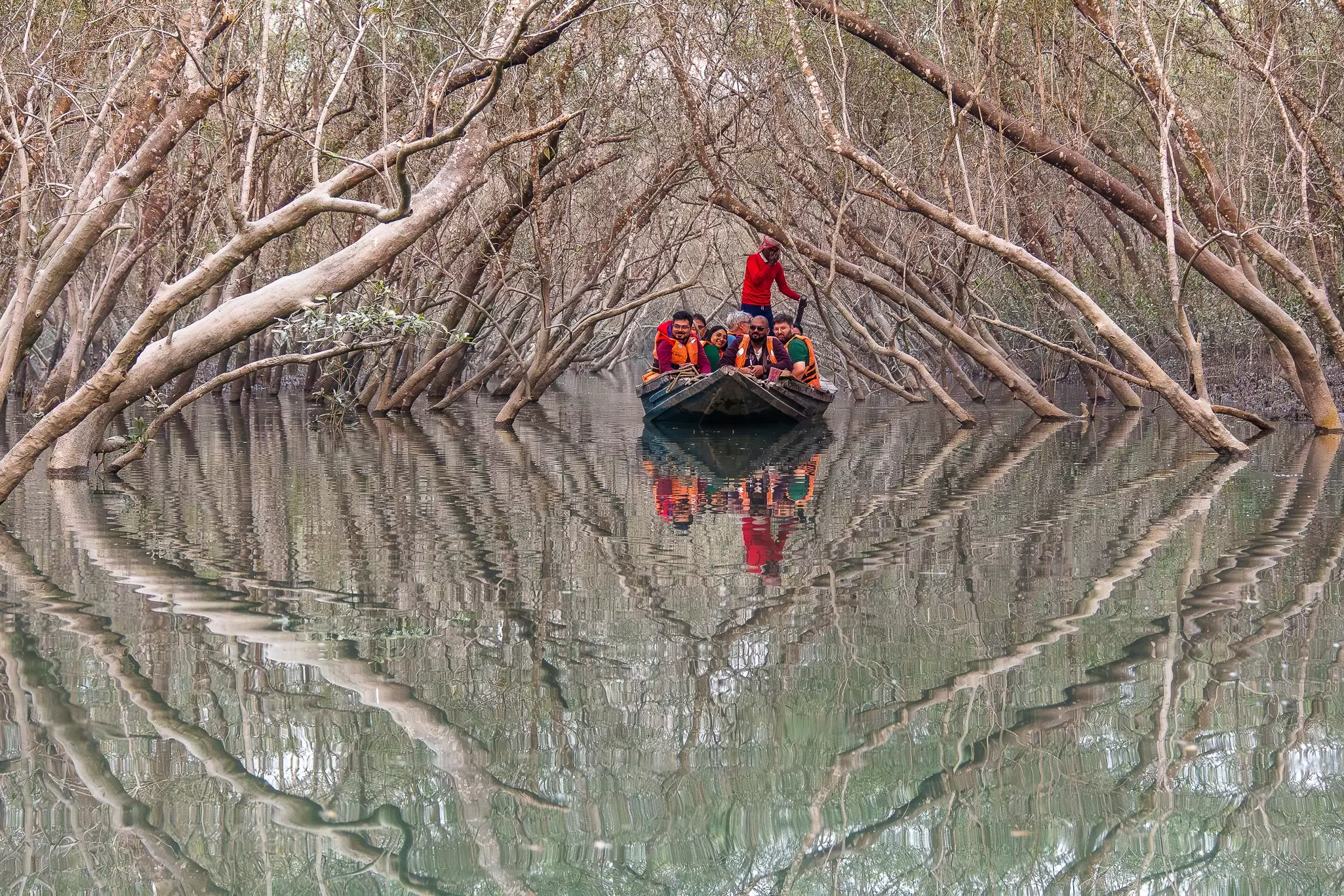 People wearing life vests in a raft, floating through mangrove forest.