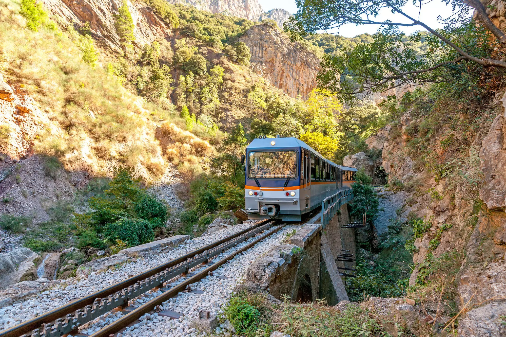 The cascade rail train from Kalavrita to Diakofto in Greece.