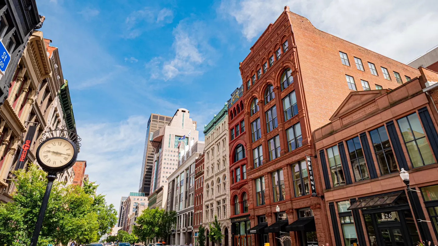 Street view of Louisville, Kentucky, with buildings on both sides and clock on a street post in the foreground.