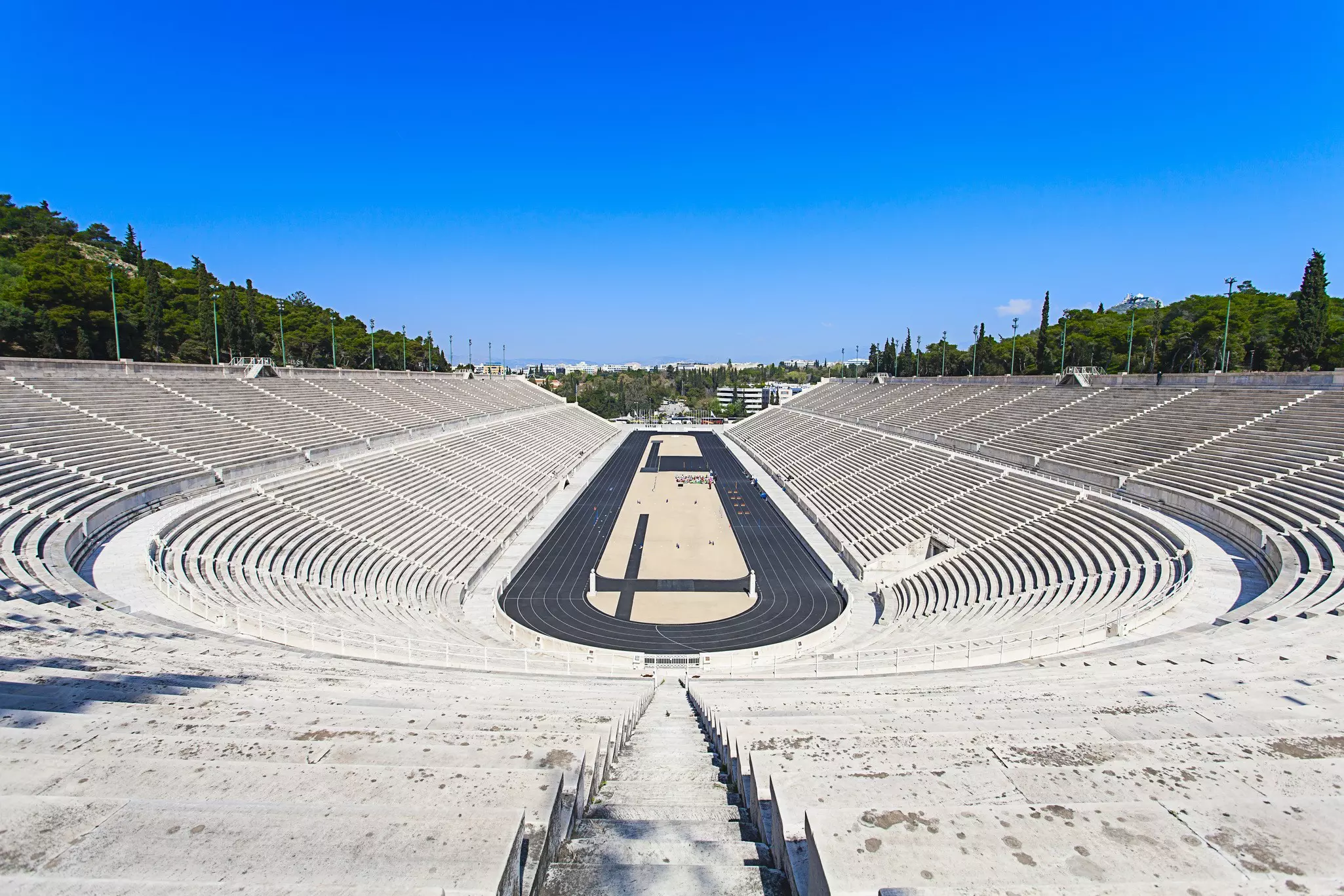 The curving seats of the Panathenaic Stadium in Athens, Greece.