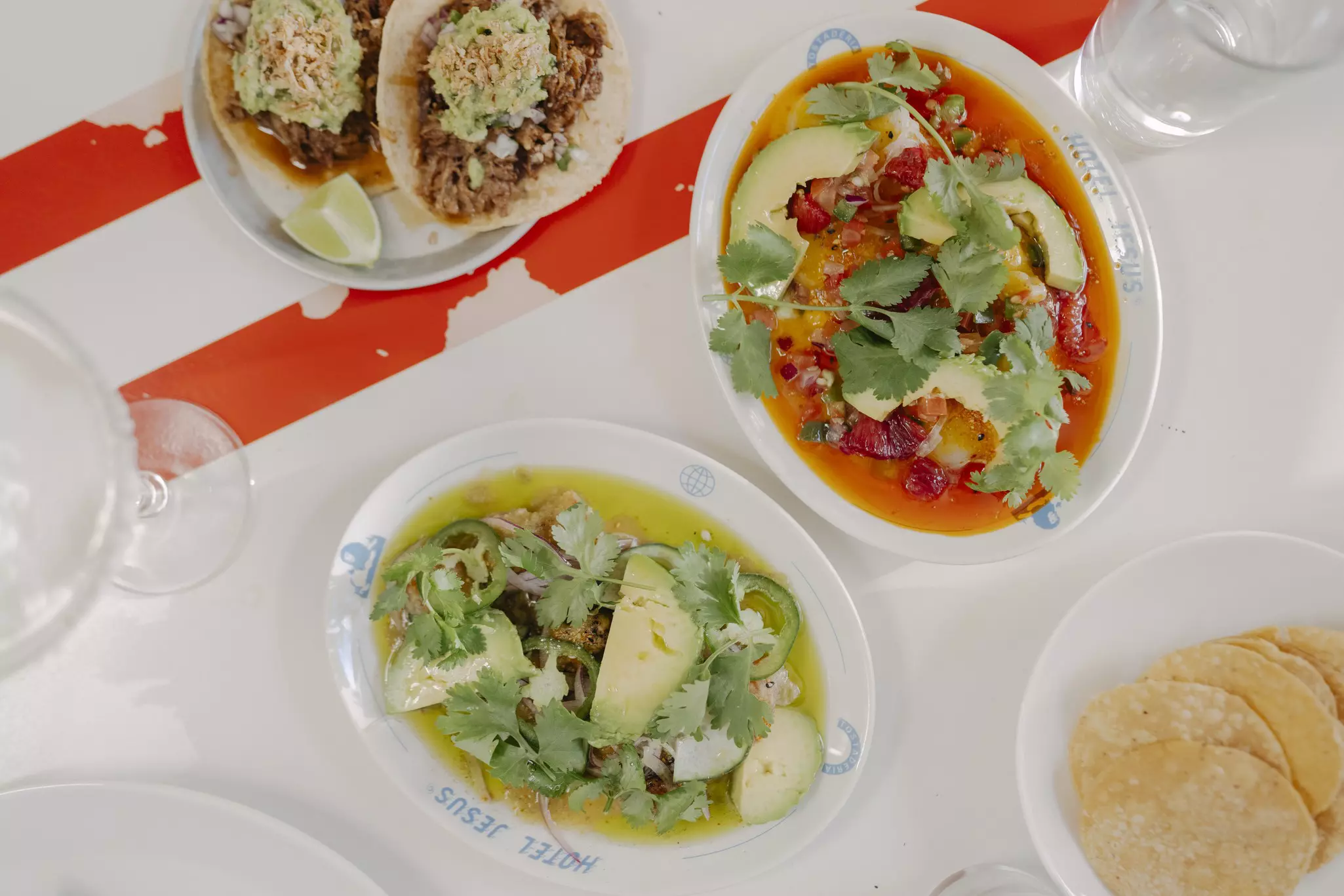 Prawn ceviche, Mahi Mahi Aguachile, and beef tacos