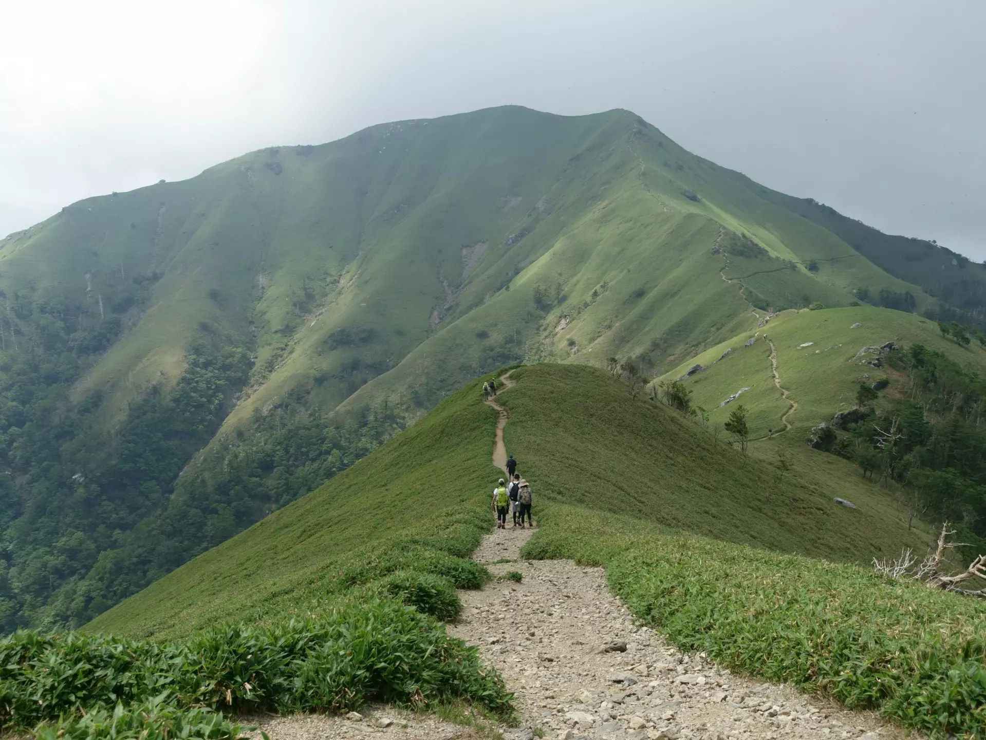 A wide-angle shot of people walking a grass-lined trail on Mount Tsurugi