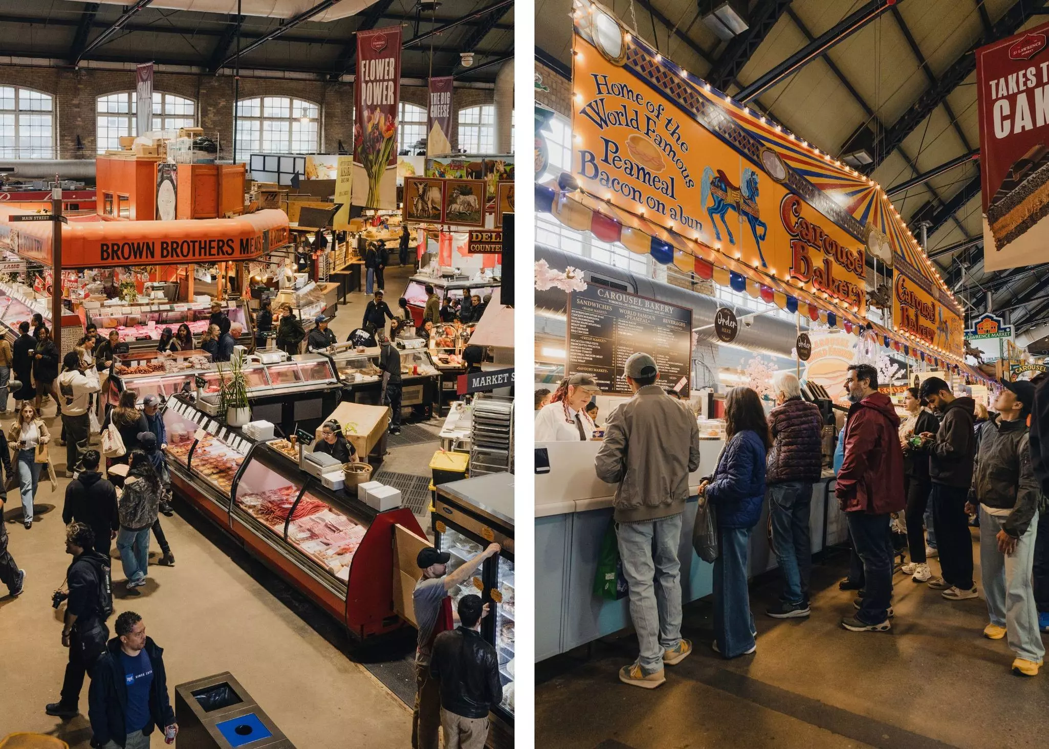 Left, a top down view of a crowded indoor market; right, A vendor in the market called carousal bakery.