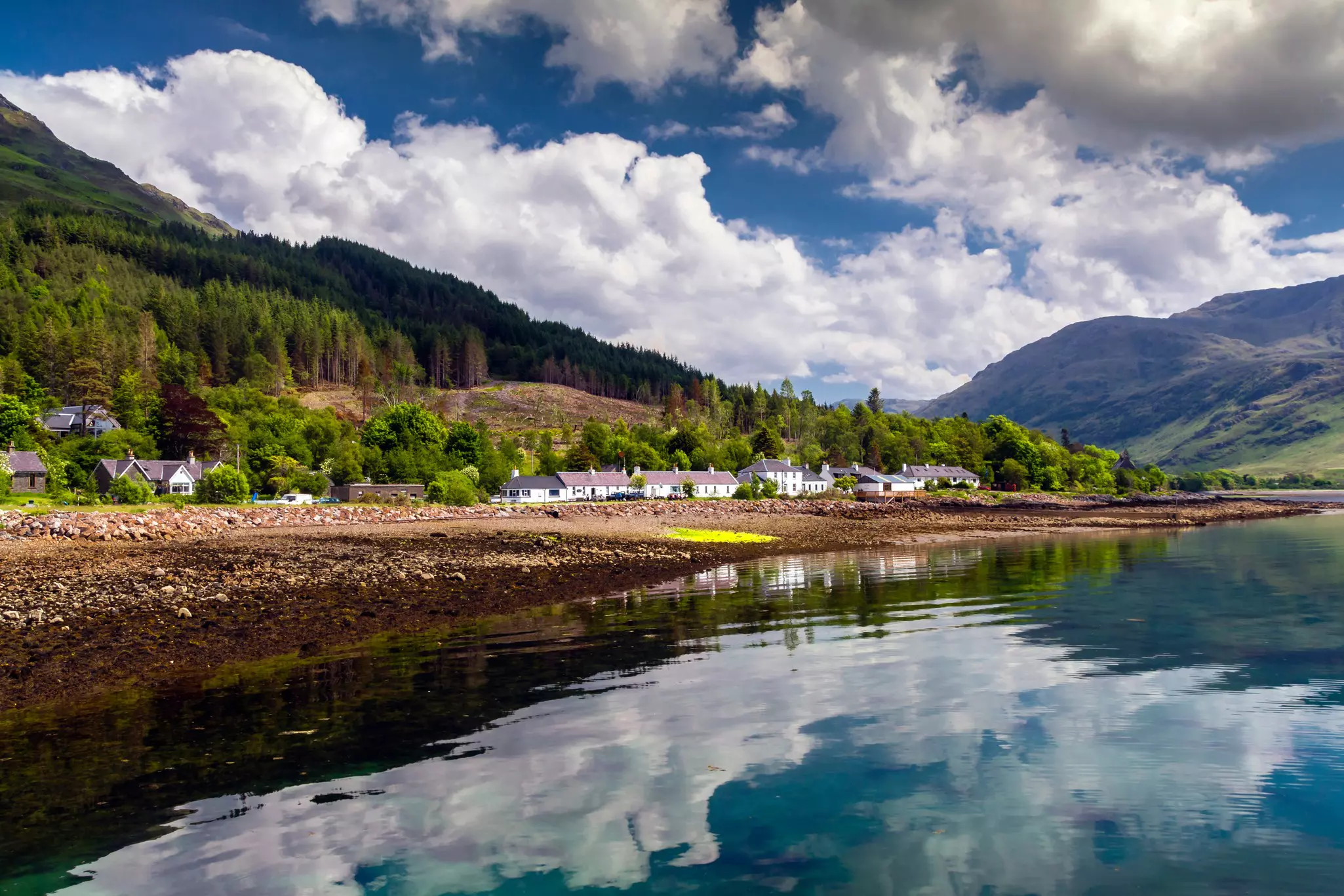 The village of Inverie on the Knoydart Peninsula viewed from the water, Highlands, Scotland.