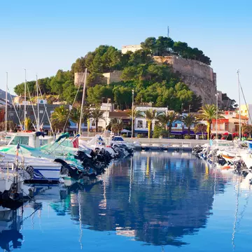 A small harbor packed with sail boats. A hilltop fortress overlooks the water.
