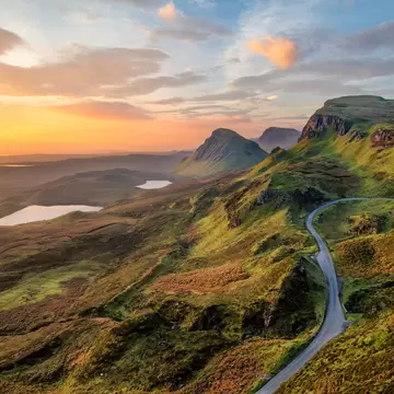 Vibrant sunrise at Quiraing on the Isle of Skye, Scotland.