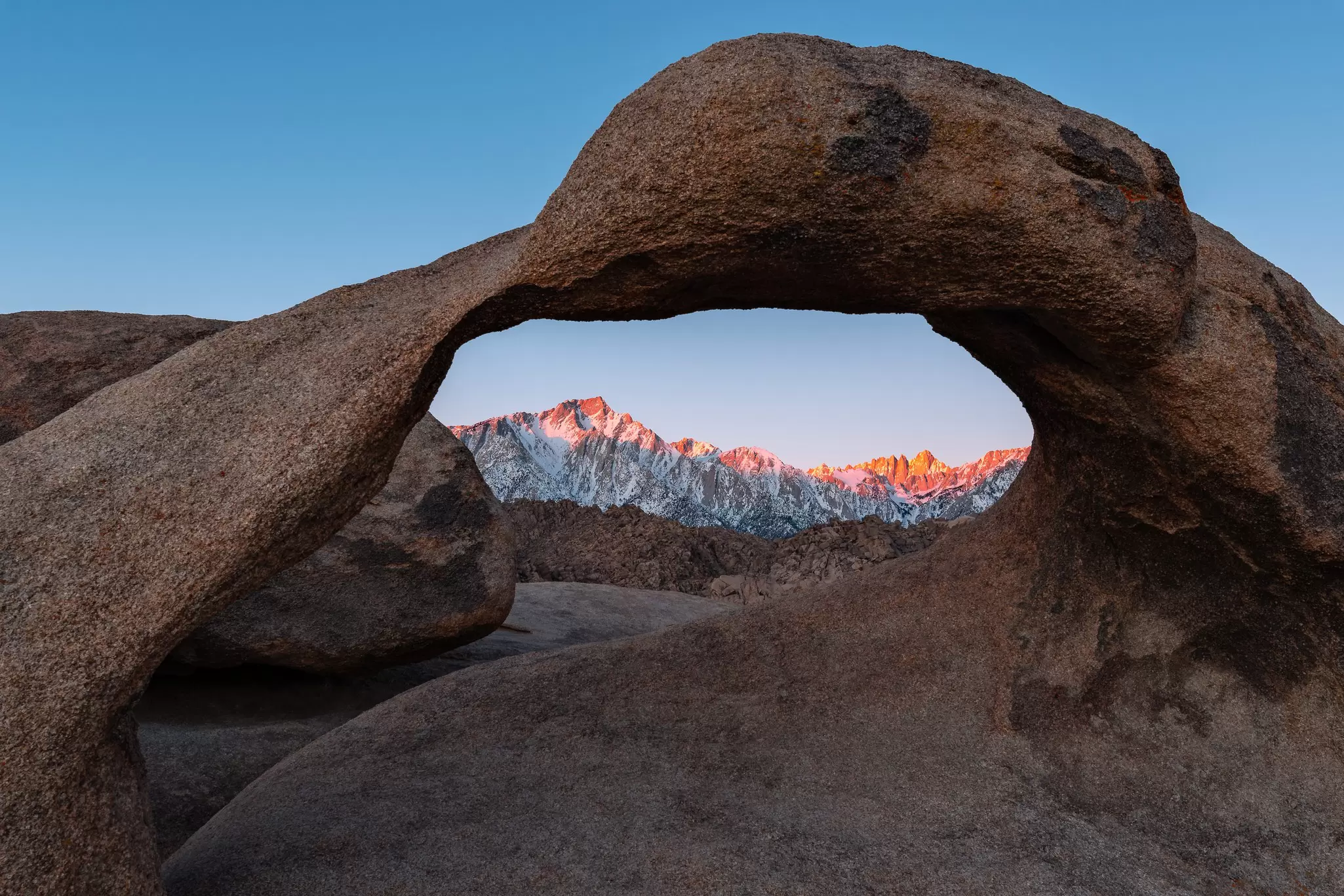 Mobius Arch framing pink-lit Sierra Nevada peaks under a clear sky, Alabama Hills