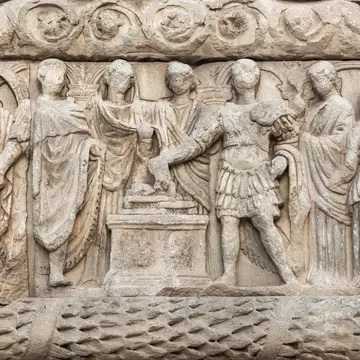 Close-up of figurative reliefs on the Arch of Galerius in Thessaloniki, Greece.