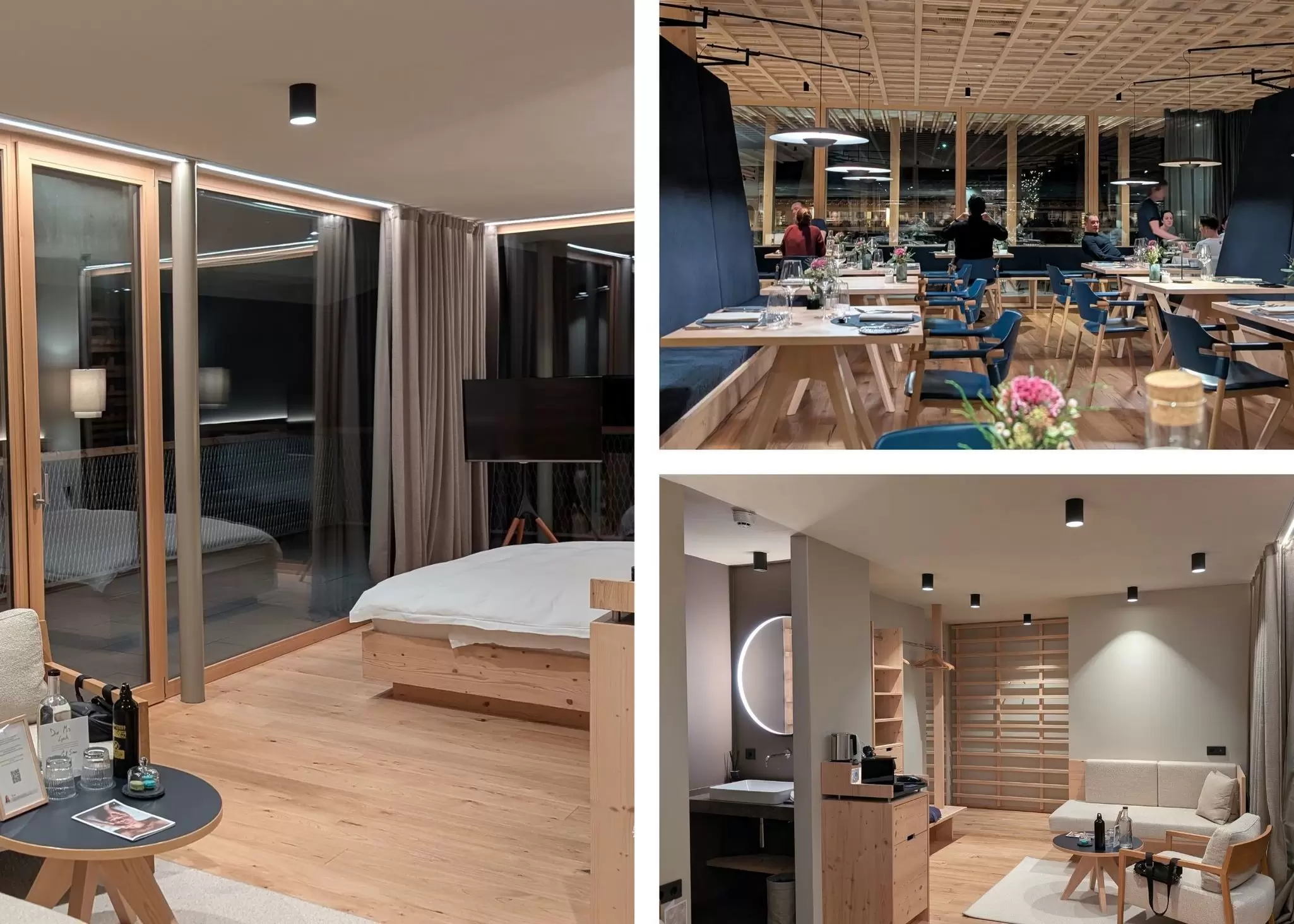 Left and bottom right: A guest room. Light wooden floors and furniture, with very minimalistic and modern decor. Top right: A restaurant, with light wooden floors and tables, and blue booths: Hotel Sensoria in the Dolomites, Italy