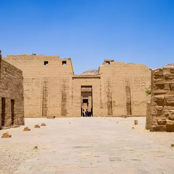 A closeup shot of a Medinet Habu temple in Egypt