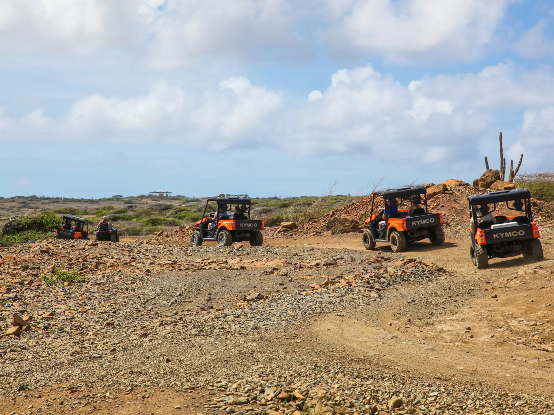 Tourists on a tour of Arikok National Park in Aruba, following dirt paths in four-wheel-drive buggies