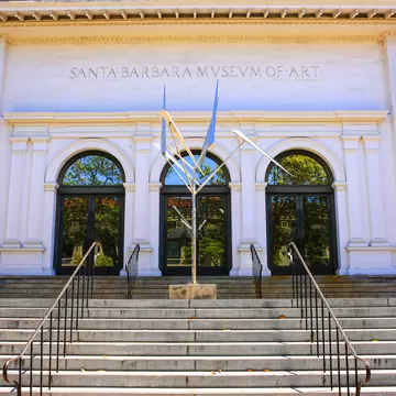 The mission-style façade and front steps of the Santa Barbara Museum of Art