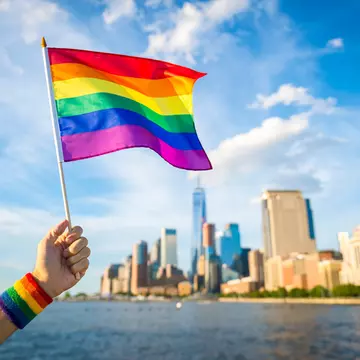 Hand holding up a colourful rainbow gay pride flag waving in the breeze with the New York City skyline in the background.