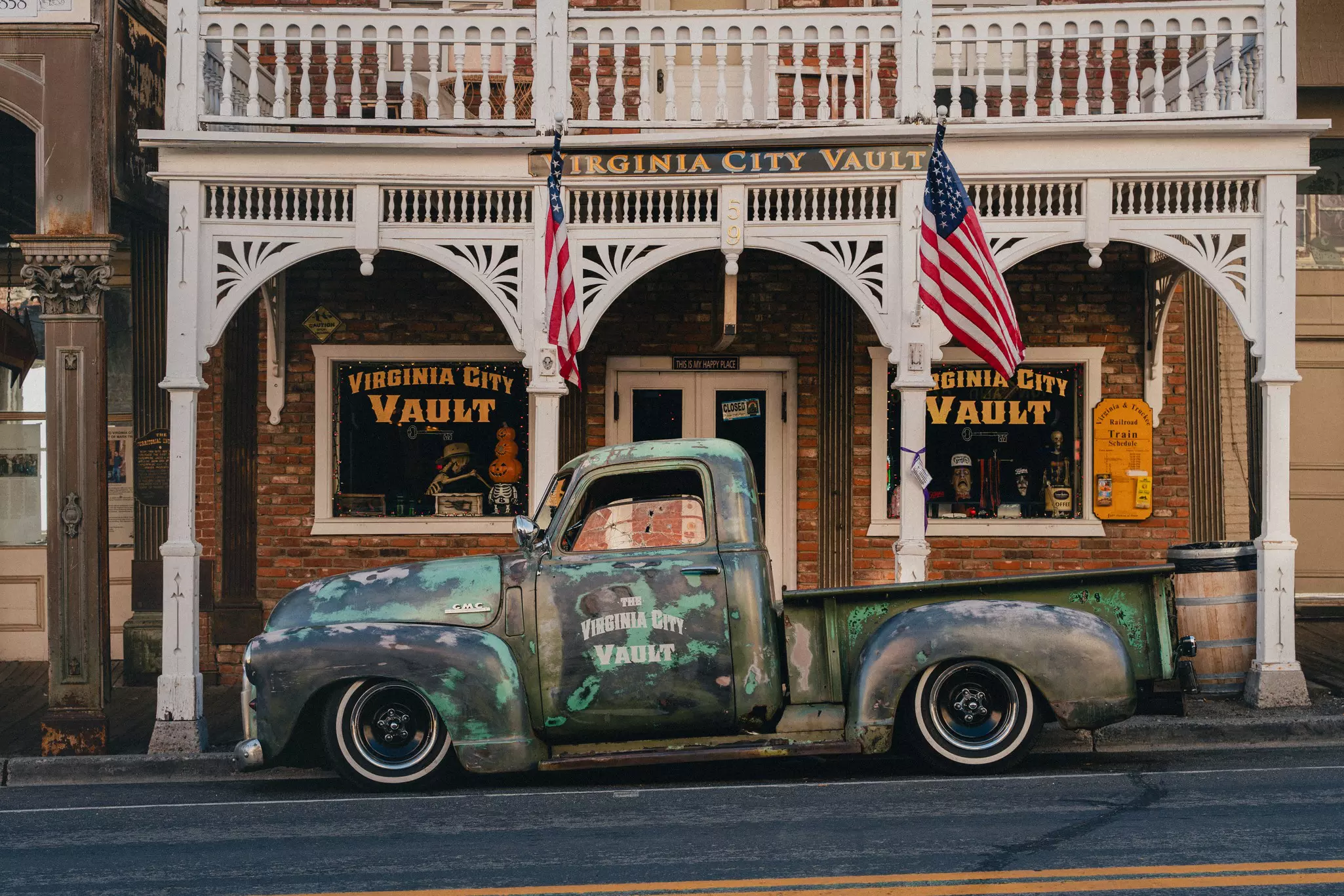 Vintage truck parked on the street in Virginia City, Nevada, USA.